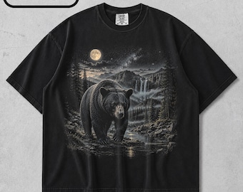Camiseta Bear Moon Comfort Colors, Camiseta retrô anos 90 com estampa de vida selvagem, Camiseta com estampa de urso preto na natureza, Presente para amantes da natureza, Camiseta estilo cottagecore
