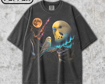 Camiseta Comfort Colors® com estampa de periquito e lua, camiseta vintage com estampa de periquito, camiseta retrô com estampa de pássaro dos anos 90, camiseta para amantes da natureza, presente para amantes de periquitos