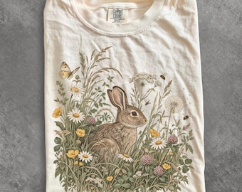 Vintage Rabbit Wildflower Meadow Shirt, Cottagecore Nature Graphic Tee, 90's Botanical Garden Lover Gift Tee, Comfort Colors Gardener Top