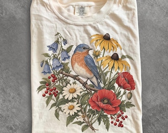 Vintage Bluebird Garden Graphic Tee, Wildflower Birdwatching Shirt, Retro Botanical Nature Top, Comfort Colors Gardener Gift Idea for Her