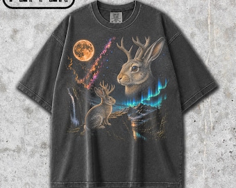 Camiseta Comfort Colors® Jackalope Moon, camiseta vintage Jackalope, camiseta gráfica de conejo mítico, regalo para amantes de la naturaleza y la vida salvaje de fantasía de los 90
