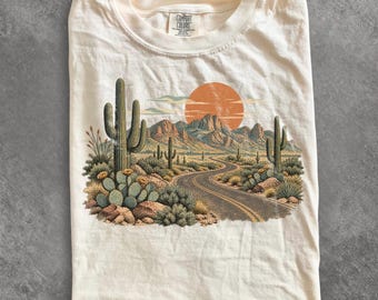 Vintage Desert Road T Shirt, Southwestern Cactus Mountain Landscape Tee, Retro Arizona Highway Travel Gift, Comfort Colors Graphic Shirt