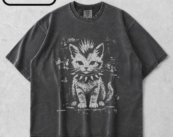 Vintage Punk Cat Comfort Farben Shirt, Punk Kätzchen Grafik T-Shirt, süßes Katzenliebhaber Geschenk, Punk Ästhetisches T-Shirt, Punk Liebhaber Geschenk