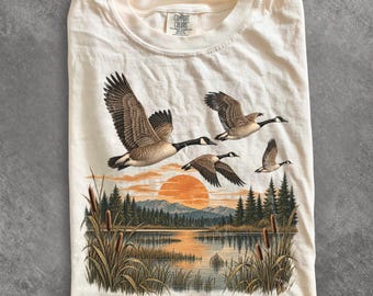 Vintage Canada Geese Wildlife Graphic Tee, Retro Wetland Sunset Shirt, Birdwatching Nature Gift, Comfort Colors Nature Outdoor Adventure Top