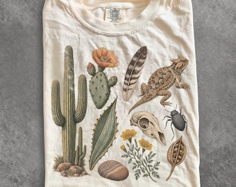 Desert Nature Collage T-Shirt, Cactus Lizard Skull Botanical Graphic Tee, Retro Southwest Wildlife Shirt, Comfort Colors Nature Lover Gift