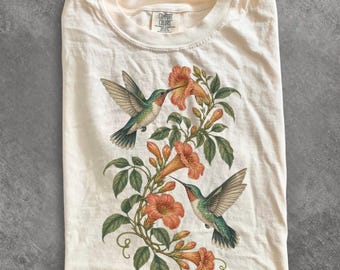 Vintage Hummingbird Floral Graphic Tee, Botanical Garden Shirt, 90's Cottagecore Nature Gift, Comfort Colors Gardener Bird Lover Gift Shirt