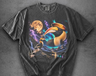 Camiseta Comfort Colors® Great Hornbill Moon, camiseta vintage Hornbill, estampado retro de aves exóticas de los 90, regalo para amantes de la naturaleza y la vida silvestre, regalo para amantes de las aves.