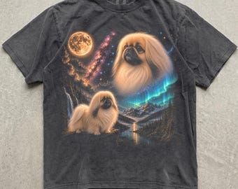 Camiseta con estampado de pequinés y luna, camiseta de pequinés, camiseta vintage con animales y luna, regalo retro de los 90 para amantes de los perros, camiseta para mamás de pequinés, Comfort Colors