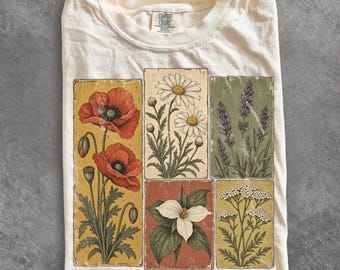 Vintage Botanical Flower Tee, 90's Cottagecore Floral Shirt, Gardener Gift, Wildflower Nature Top, Comfort Colors Plant Lover Graphic Tee