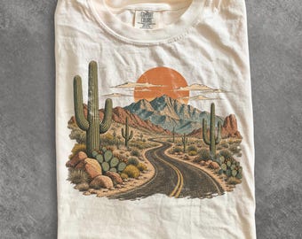 Desert Highway Cactus Graphic Tee, Vintage Southwest Mountain Road Shirt, Retro Travel Lover Gift, Comfort Colors Outdoor Adventure Shirt