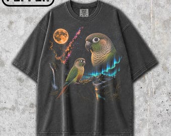 Camiseta Comfort Colors® Green Cheek Conure Moon, Camiseta Vintage Conure, Camiseta com Estampa de Pássaro Retrô dos Anos 90, Camiseta para Amantes da Natureza, Presente para Amantes de Papagaios