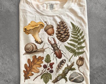 Woodland Nature Collage Tee, Mushroom Acorn Snail Beetle Forest Shirt, Vintage Foraging Gift, Comfort Colors Nature Lover Top