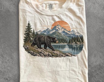 Vintage Black Bear Mountain Lake Graphic Tee, Retro Wilderness Hiking Shirt, Nature Lover Outdoor Camping Gift, Comfort Colors T-Shirt