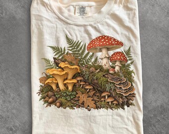 Forest Mushroom Graphic Tee, Woodland Fungi Shirt, Cottagecore Nature Top, Retro Forager Gift, Comfort Colors Tee, Snail and Fern Design