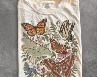 Vintage Butterfly Moth Botanical Tee, Retro Cottagecore Nature Shirt, Gardener Gift, Entomology Lover Top, Comfort Colors Butterfly Graphic
