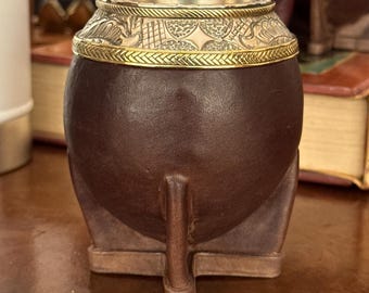 Handgemachte argentinische Torpedo Schokolade Yerba Mate Tasse, Leder Kürbis, Alpaka Rand mit Gravur