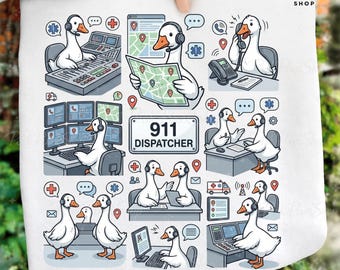 Divertente PNG di un'oca addetta al centralino del 911, design umoristico per il centralino di emergenza, grafica con anatra per l'operatore, regalo per centralinista, download digitale