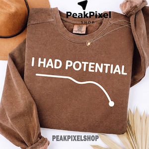 Pode incluir: Camisola castanha de manga comprida com o texto branco "I HAD POTENTIAL". Abaixo do texto, há uma linha branca que se curva para baixo, terminando em um ponto branco. A camisola tem gola redonda e uma etiqueta "COMFORT COLORS".