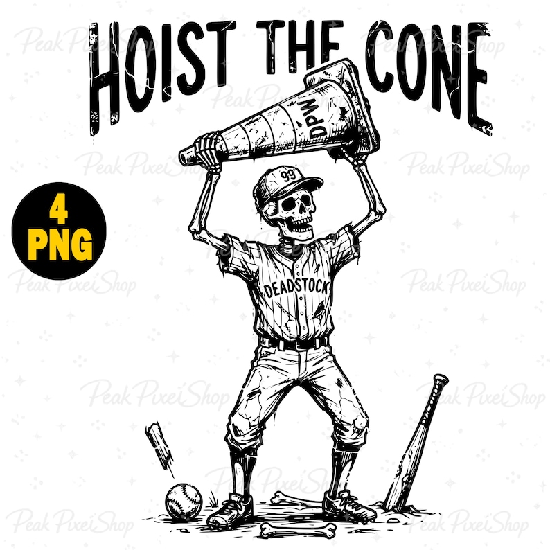 May include: Black and white illustration of a skeleton in a baseball uniform holding a traffic cone above its head. The text "HOIST THE CONE" is above the skeleton. A baseball bat, ball, and bones are on the ground.