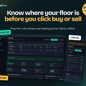 May include: A digital dashboard interface titled Floorline for prop firm rule tracking and trading journals. The dark-themed display shows account balances, daily room figures of $4,326, and a floor of $100,000. Text includes Know where your floor is before you click buy or sell.