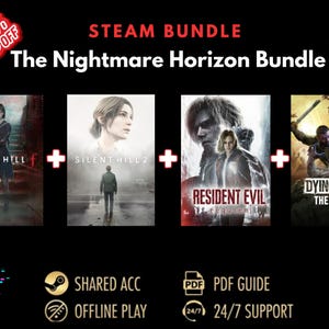 Op de afbeelding: Promotieafbeelding voor de Steam "Nightmare Horizon Bundle" met vier videogamecovers: Silent Hill f, Silent Hill 2, Resident Evil: Requiem en Dying Light: The Beast. De afbeelding bevat een 50% korting banner en iconen voor gedeeld account, offline spelen, PDF-gids en 24/7 support.