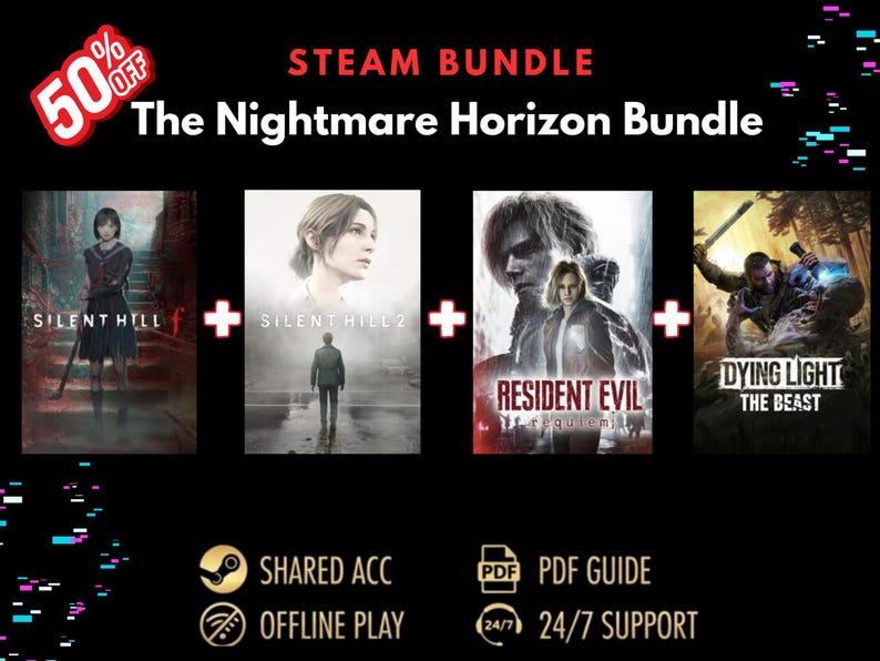 Op de afbeelding: Promotieafbeelding voor de Steam "Nightmare Horizon Bundle" met vier videogamecovers: Silent Hill f, Silent Hill 2, Resident Evil: Requiem en Dying Light: The Beast. De afbeelding bevat een 50% korting banner en iconen voor gedeeld account, offline spelen, PDF-gids en 24/7 support.