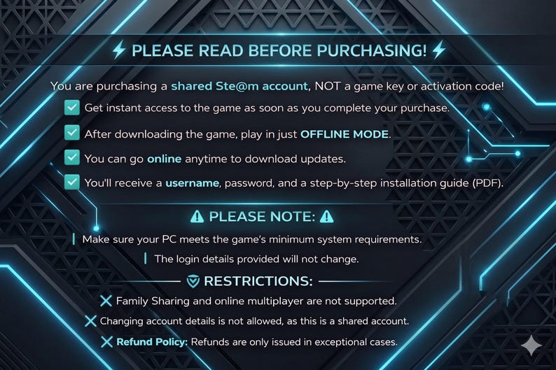 Op de afbeelding: Een digitale afbeelding met witte tekst op een donkerblauwe achtergrond, met de tekst "LEES AUB VOOR AANKOOP!". Het beschrijft de aankoop van een gedeeld account, geen game key, met instructies en beperkingen. Neonblauwe accenten zijn zichtbaar.