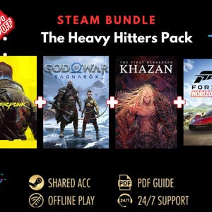 May include: A promotional image for a Steam game bundle, "The Heavy Hitters Pack," featuring four game covers: Cyberpunk, God of War Ragnarok, The First Berserker: Khazan, and Forza Horizon 5. The image includes a 50% off banner and support information.