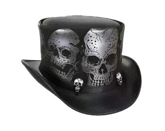 Gothic Skull Leather Top Hat – Black Steampunk Cowboy Hat