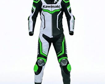 Men’s Kawasaki Inspired Moto Leather Suit – Sportbike Racing One Piece Riding Gear