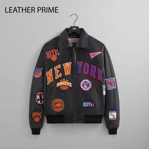 NYC Varsity Leather Jacket with Patches – Bomber Jacket – Basketball Inspired Black Jackets – Unisex Fashion