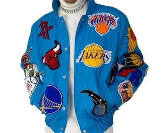 New Jeff Milton Milton NBA College Vegan Lederjacke Echtes Rindsleder Bomberjacke Blau