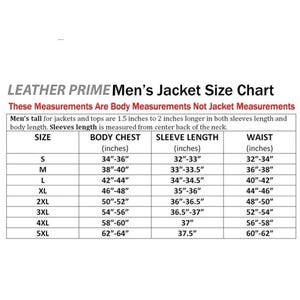 May include: A size chart titled LEATHER PRIME Jacket Size Chart with columns for size, body chest, sleeve length, and waist in inches. It specifies that these are body measurements, not jacket measurements, and notes tall sizing details.