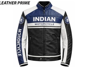 Indische Motorradjacke für Herren - Schwarz Blau Weiß Echtes Rindsleder