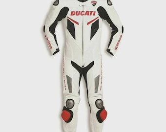 Ducati Leather Motorcycle Racing Suit | White Biker One Piece Suit | Cowhide Track Riding Gear