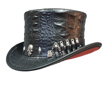 Schwarze Krokodil geprägte echte Rindsleder Leder Hut - Gothic Steampunk Hut mit Skull Band & Bullet Charms