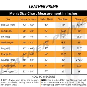 K&ouml;nnte beinhalten: Herren-Jacken-Gr&ouml;&szlig;entabelle von Leather Prime, mit Ma&szlig;en in Zoll. Die Tabelle umfasst Gr&ouml;&szlig;en von XXSmall bis XXXXLarge und gibt Brust-, Jackenbrust-, Schulter- und &Auml;rmelma&szlig;e an. Anweisungen zum Messen sind ebenfalls enthalten.