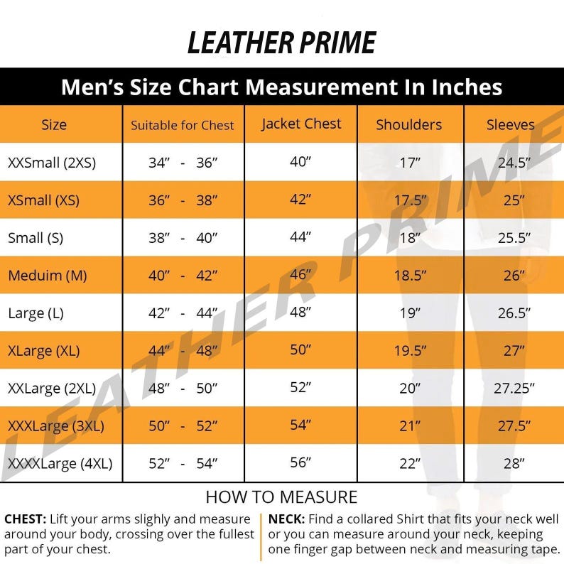 K&ouml;nnte beinhalten: Herren-Jacken-Gr&ouml;&szlig;entabelle von Leather Prime, mit Ma&szlig;en in Zoll. Die Tabelle umfasst Gr&ouml;&szlig;en von XXSmall bis XXXXLarge und gibt Brust-, Jackenbrust-, Schulter- und &Auml;rmelma&szlig;e an. Anweisungen zum Messen sind ebenfalls enthalten.