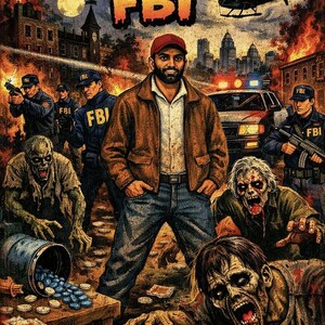 Könnte beinhalten: Vintage-Poster mit Kash Patel und dem FBI. Das Bild zeigt Patel, FBI-Agenten und Zombies, mit dem Text "RID NORTH PHILADELPHIA OF THE FENTANYL ZOMBIES". Ein Hubschrauber und eine Skyline sind im Hintergrund zu sehen, im Vintage-Stil.