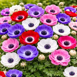 Könnte beinhalten: Nahaufnahme eines Straußes Anemonen in verschiedenen Farben. Die Blüten zeigen Rot-, Rosa-, Lila- und Weißtöne, jede mit einem dunklen Zentrum. Grünes Laub umgibt die bunten Blüten. Eine farbenfrohe Blumenanordnung.