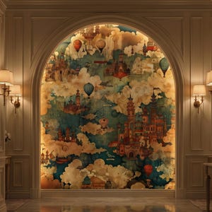 May include: A large, colorful mural depicting a fantasy cityscape with castles, hot air balloons, and clouds. The artwork is framed by an arched doorway in a hallway with sconce lighting and a marble floor. The color palette includes blues, oranges, and creams.