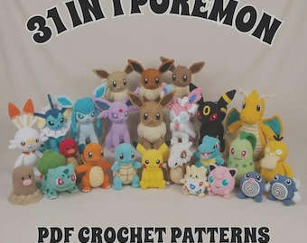 30+ w 1 Mini Pokemonów Szydełkowych w formacie PDF - Pikachu, Charmander, Squirtle i Bulbasaur + Więcej - Natychmiastowe pobranie cyfrowe
