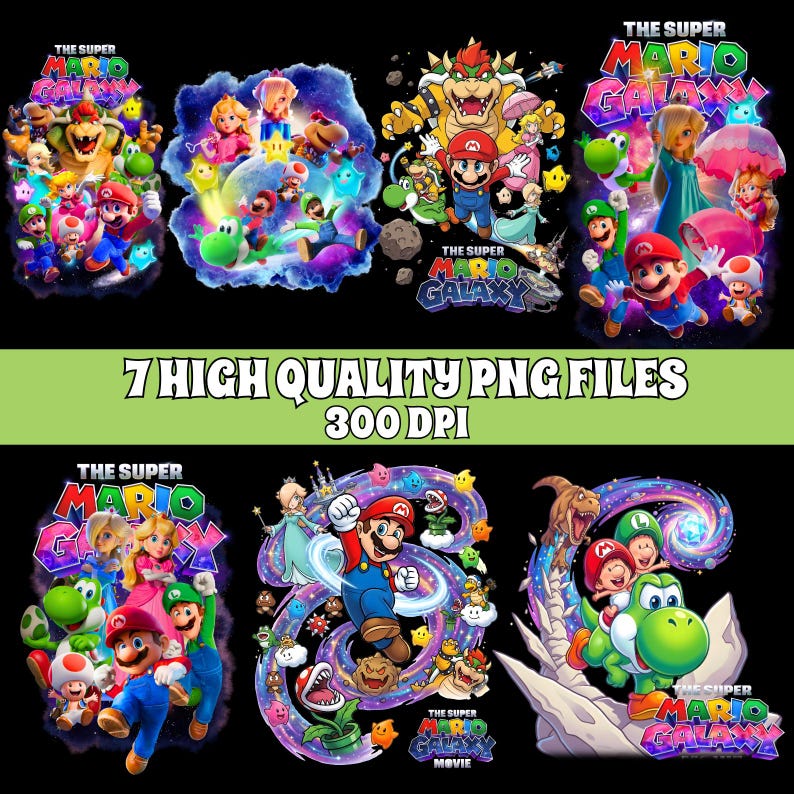 Pakiet 7 Super Mario Galaxy PNG | Clipart filmowy, sublimacja na koszulce i pobieranie plików cyfrowych | Pakiet grafik do gier i grafika o tematyce kosmicznej zdjęcie 1