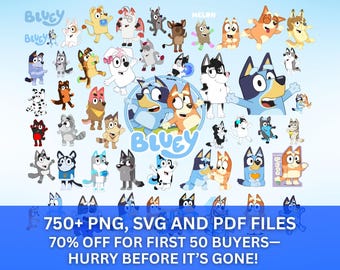 Pakiet 750+ Bluey PNG SVG + DODATKOWE czcionki i papiery cyfrowe, zestaw clipartów Bluey Dog Bingo Oryginalne projekty na urodziny