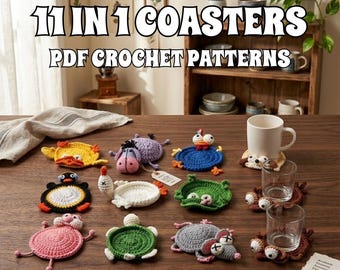 Zestaw wzorów na szydełkowe podstawki 11 w 1 z motywem zwierząt, uchwyt na kubek ze zwierzętami, amigurumi (wzór w formacie PDF)