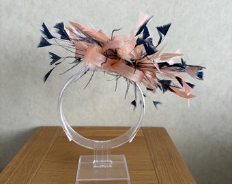Peach fascinator with Navy Feather Detail on headband