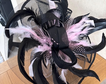 Large Black Fascinator with baby pink feather & pearl detail