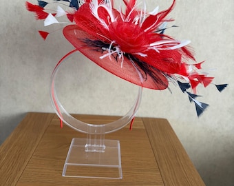 Red Fascinator with White & Navy feather detail