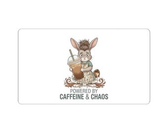 Powered by Caffeine & Chaos Kiss-Cut Sticker | Bunny Coffee Illustration