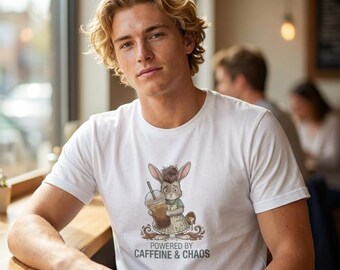 Caffeine Chaos Bunny T-Shirt | Playful Coffee Lover Graphic Tee